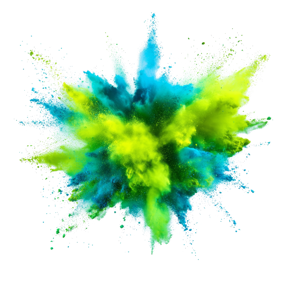 Vibrant neon green and blue color powder explosion in dynamic display during outdoor festival celebration, neon green and blue color powder pulver explosion isolated on transparent background png
