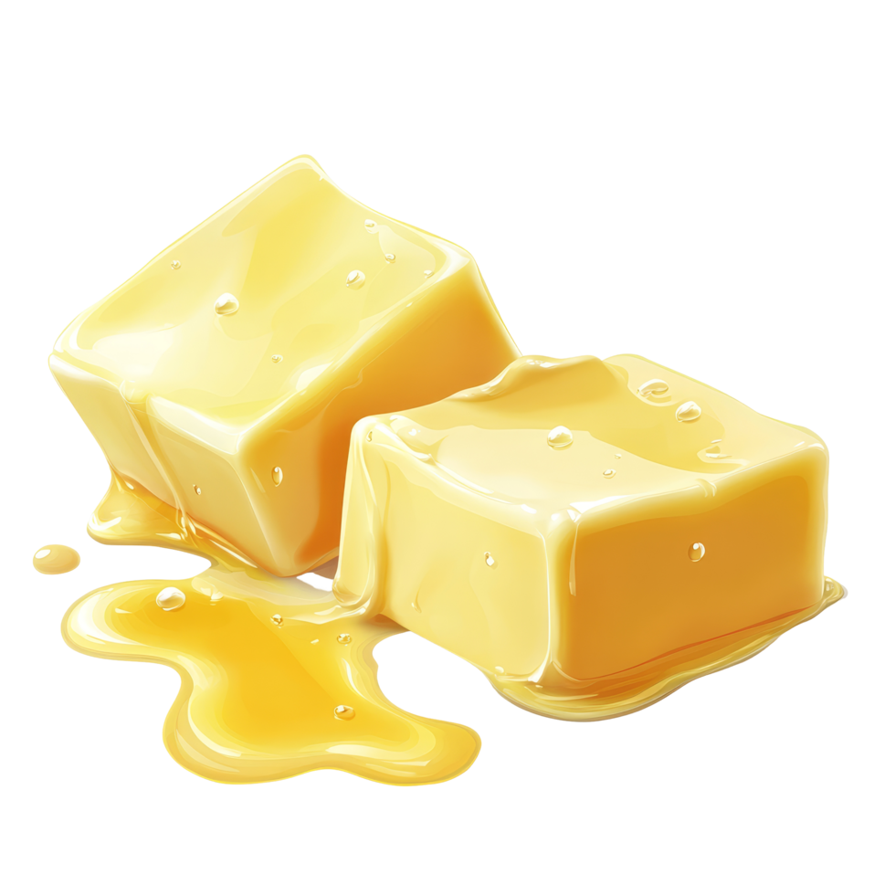 Two pieces of butter melting on a clean transparent background, highlighting texture and sheen on a warm surface, Two pieces of butter melting isolated on transparent background Stock Illustration png
