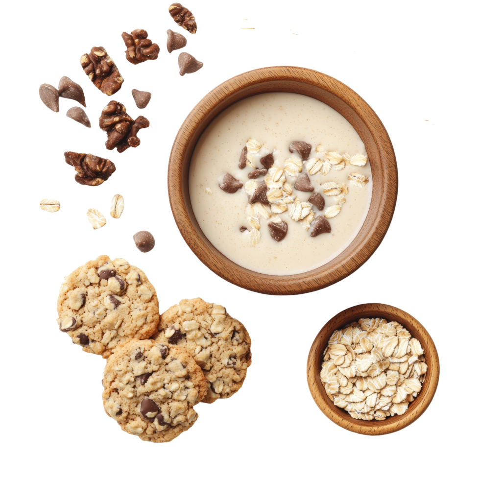 Delicious oatmeal bowl with chocolate chip cookies and rolled oats on a clean transparent background, Oatmeal and cookies on transparent background png