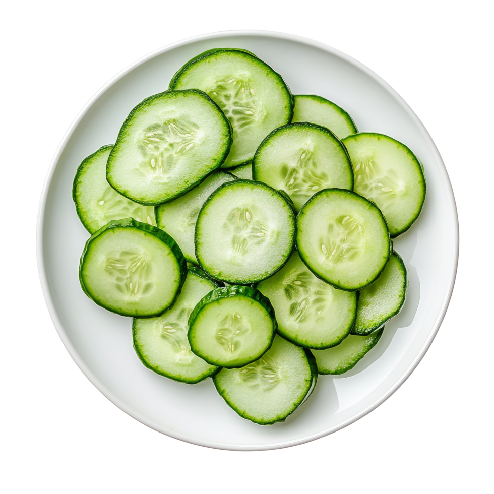 Fresh cucumber slices arranged beautifully on a transparent plate, perfect for a healthy snack or salad ingredient, Cucumber slices in plate on transparent background png