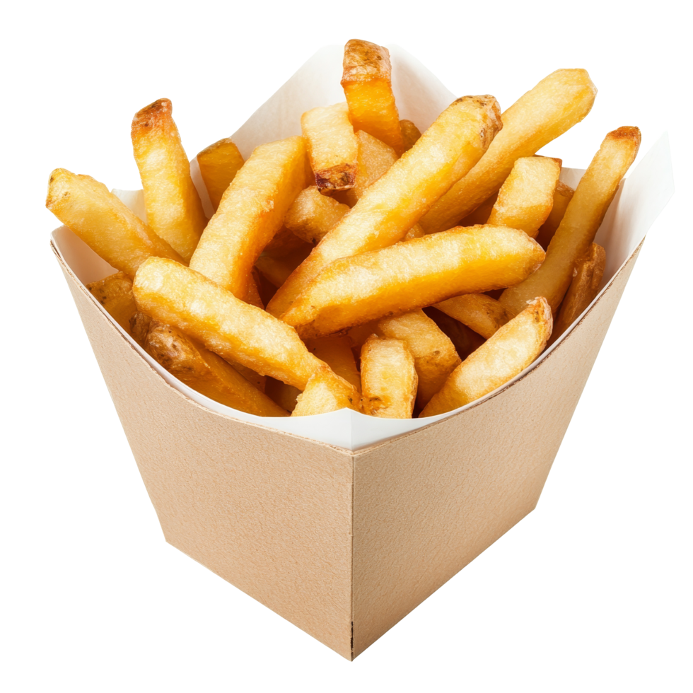 Delicious French fries served in a classic brown paper container on a clean transparent background, french fries isolated png