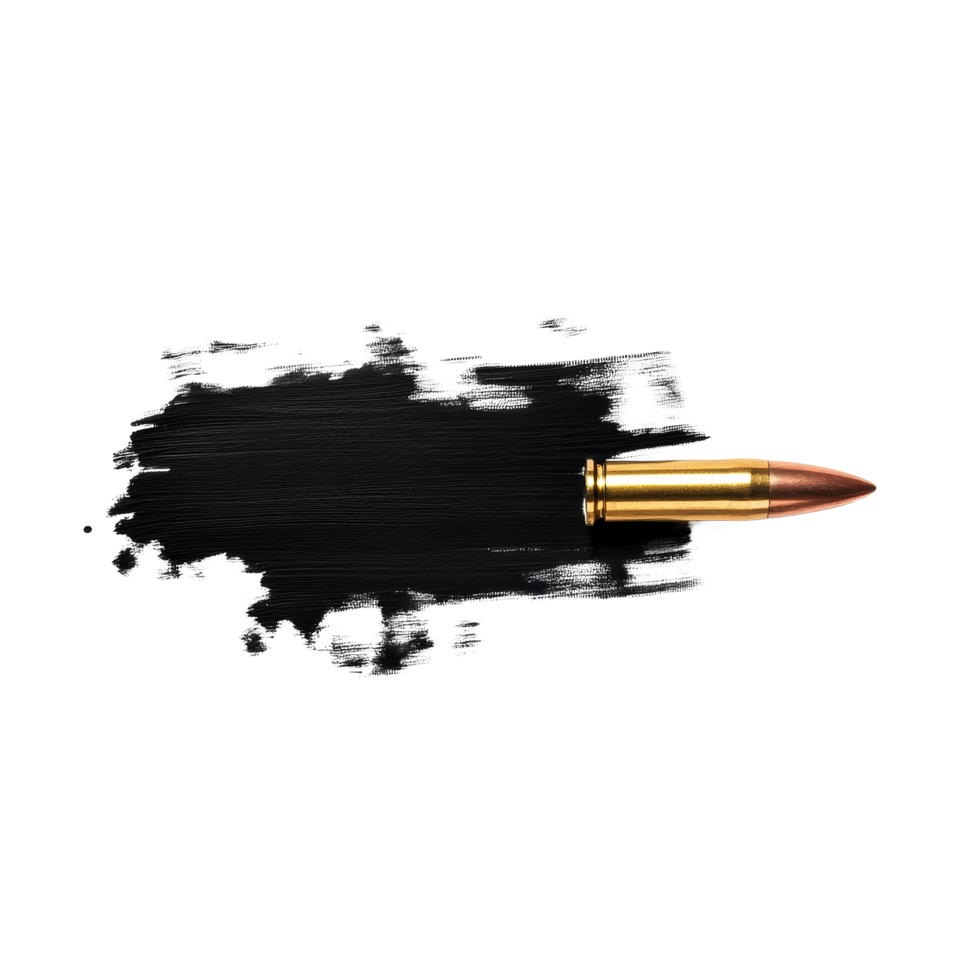 A dark bullet trace lies on a pristine transparent surface with a bullet resting on the smear, showcasing an artistic contrast and precision, dark bullet trace with bullet isolated on transparent png