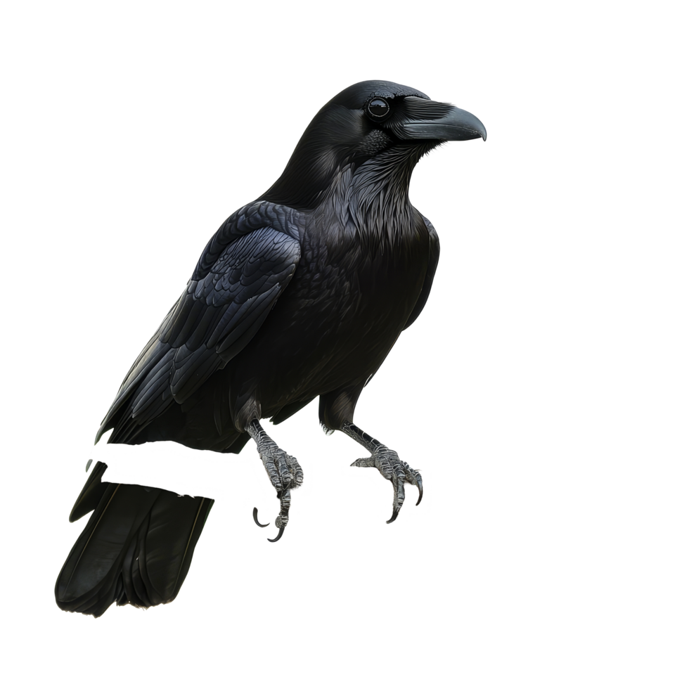 A raven perched on a branch in a natural setting, showcasing its glossy black feathers and keen expression, raven sitting on a branch, file of isolated object on transparent background png