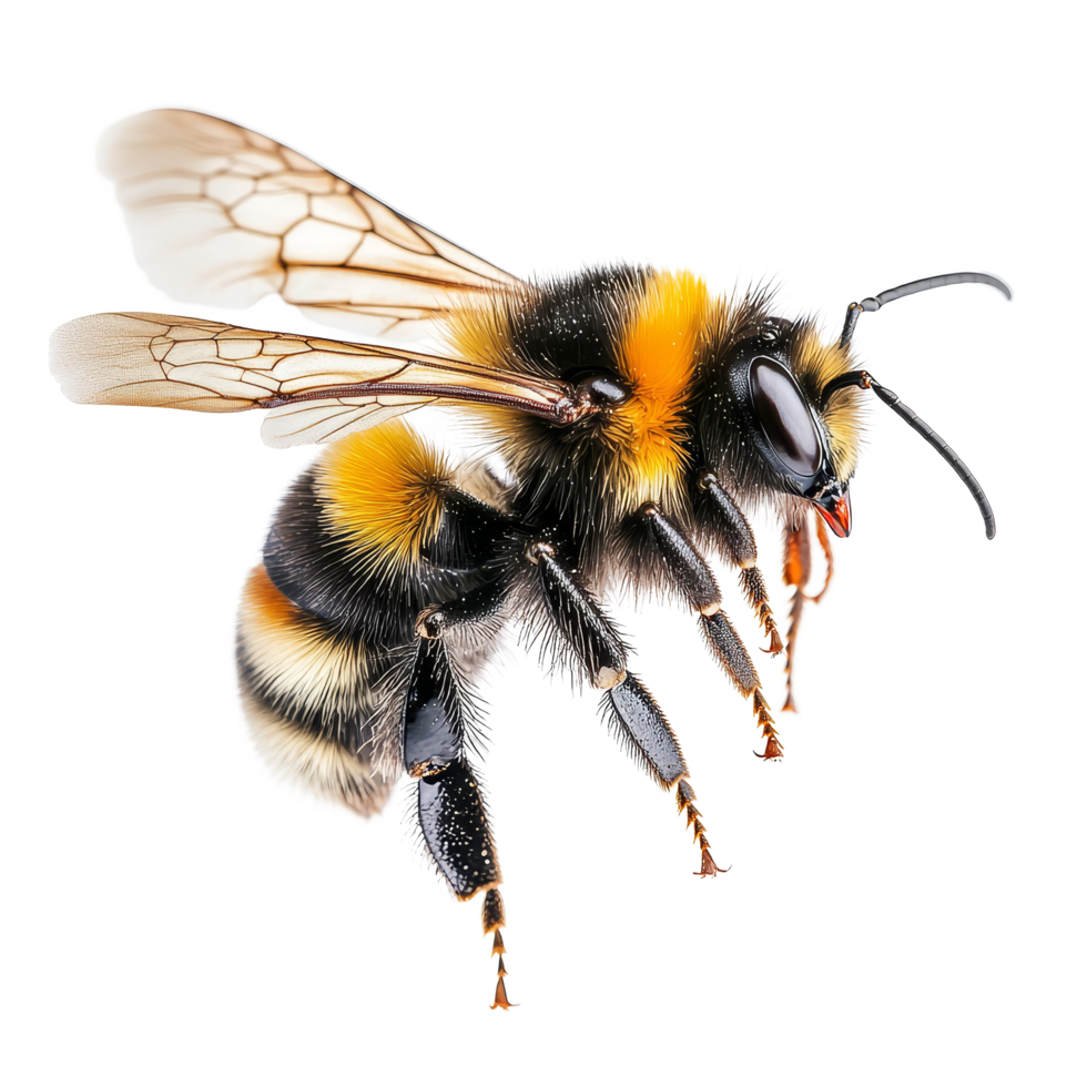 A detailed macro shot of a bumblebee in flight against a clean transparent background, a stunning bumblebee flying macro shot isolated on transparent background png