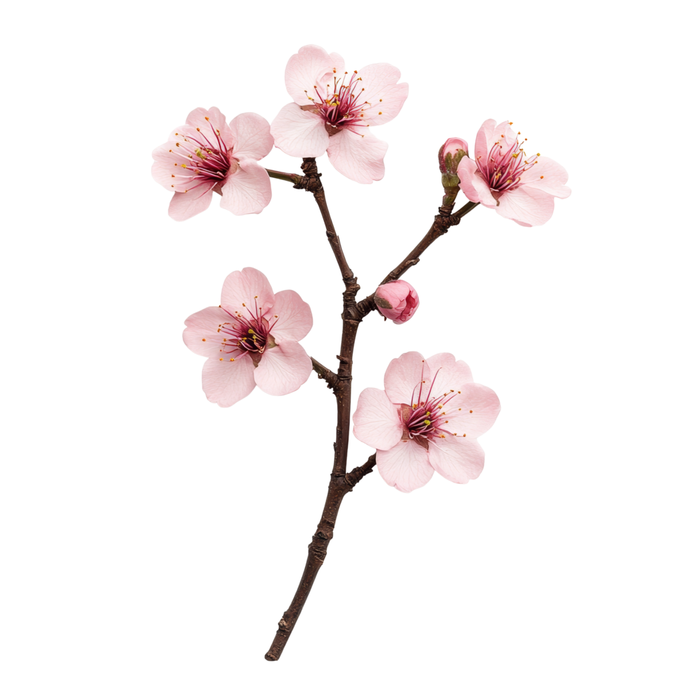 Cherry blossom flower on a single stem isolated against a transparent background showcasing delicate petals and intricate details, Cherry Blossom flower single stem isolated on transparent backgroud png