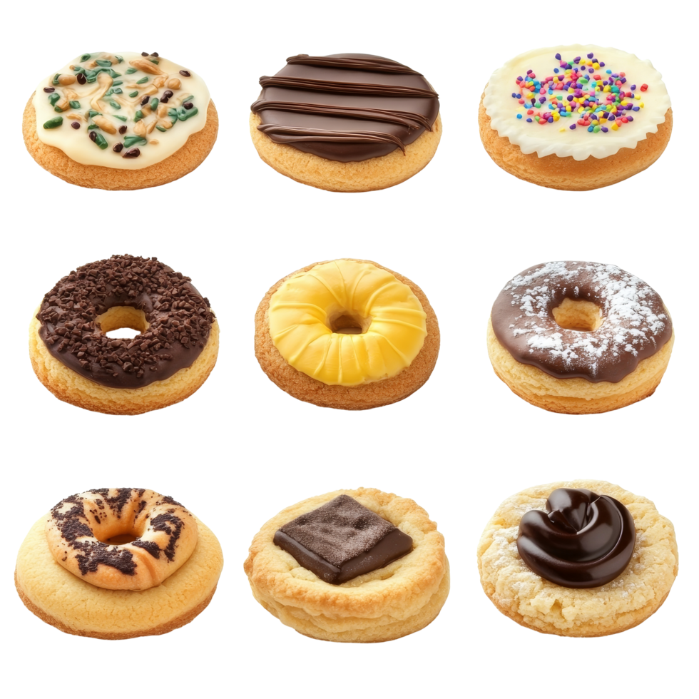 Various cookies with different toppings presented on a transparent background, showcasing a delightful assortment of flavors and textures, cookies with various toping top view isolated on transparent png