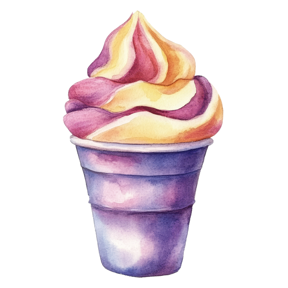 A vibrant watercolor depiction of a swirled soft serve ice cream cup on a transparent background, paper cup for coffee isolated on transparent background png