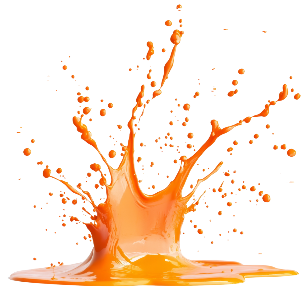 Bright orange paint splash creating dynamic shapes on a clean transparent background, Orange paint splash on transparent background png