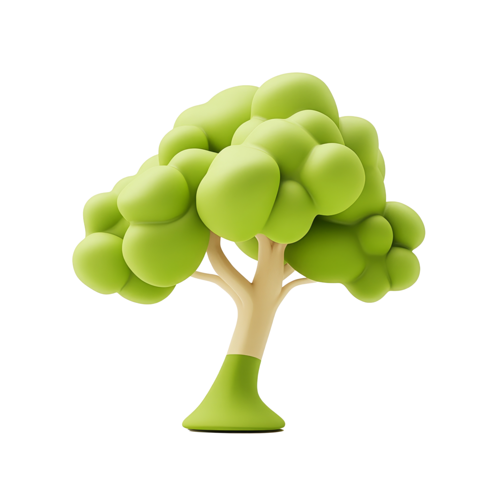 A vibrant green tree icon showcasing whimsical design and playful shapes in a simple setting, In bright green hues, a delightful 3D tree icon is showcased against a transparent background png