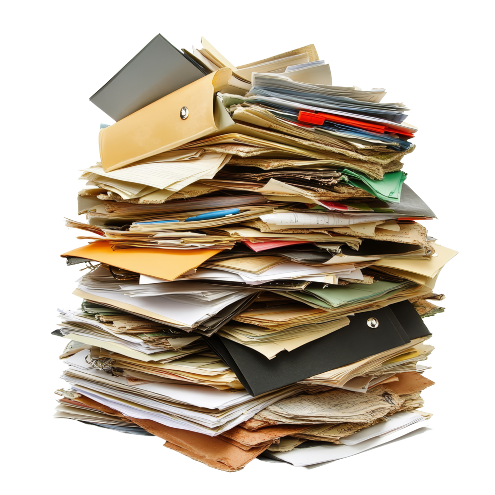 A towering pile of assorted folders and paperwork cluttering an office space during a busy workday, Pile of folders and paperwork png