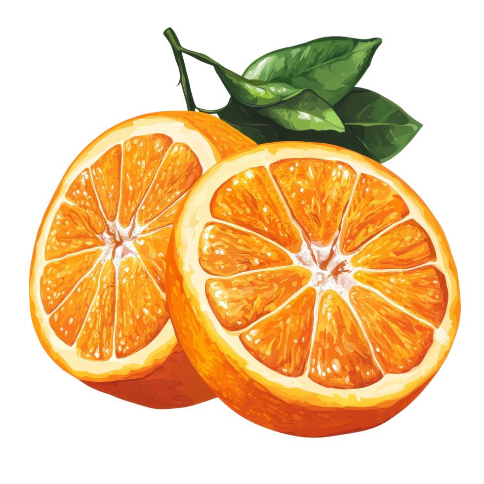 Freshly sliced orange citrus fruit with vibrant color and green leaves on a clean transparent background, orange citrus fruit isolated on transparent background png