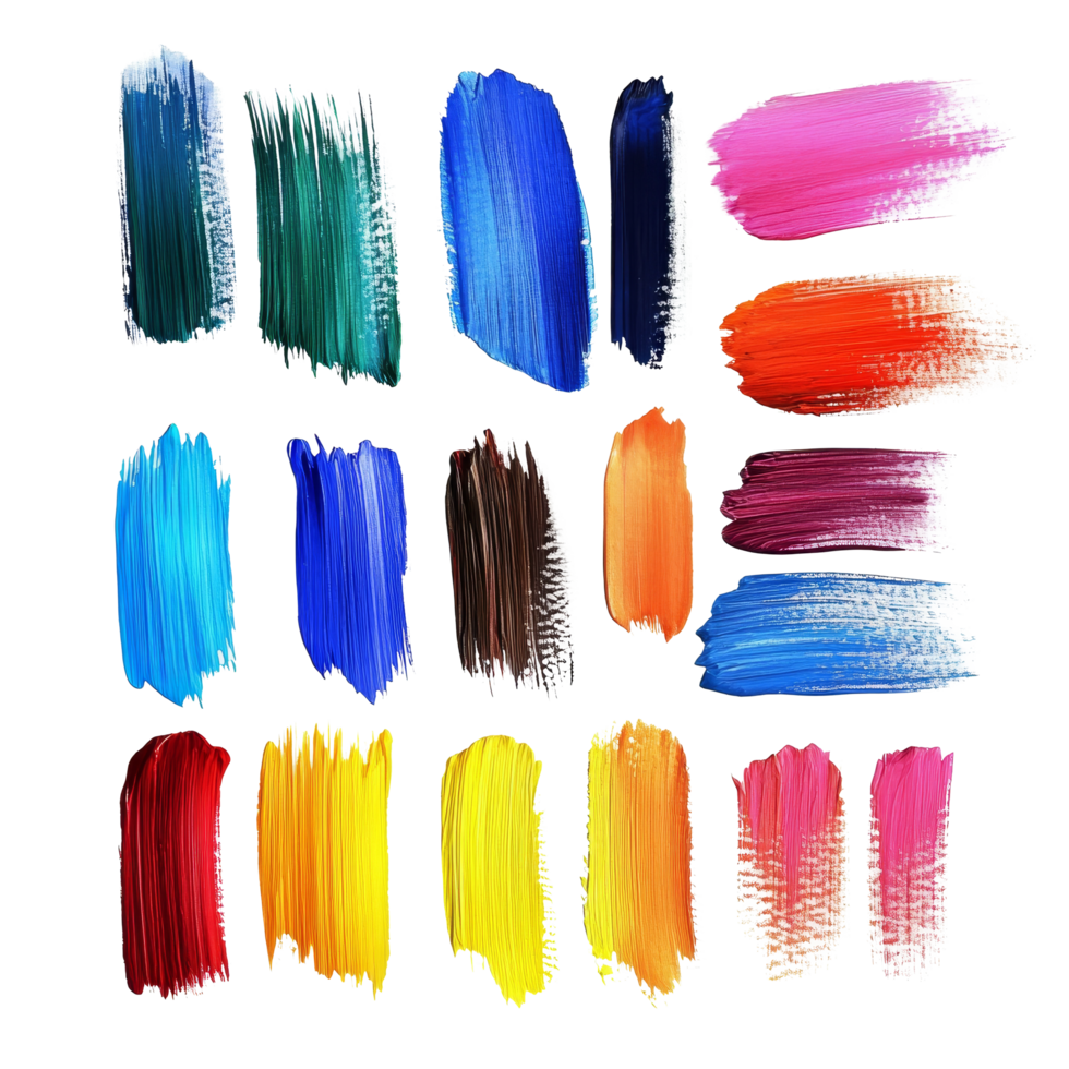 Different types of brush strokes on a transparent background showcasing vibrant colors and textures, Different types of brush strokes transparent background. Abstract brush stroke transparent png