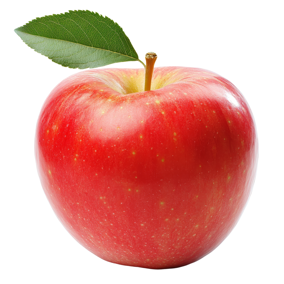 Fresh red apple with a vibrant green leaf isolated against a clean transparent background, apple with leaf isolated on transparent background png