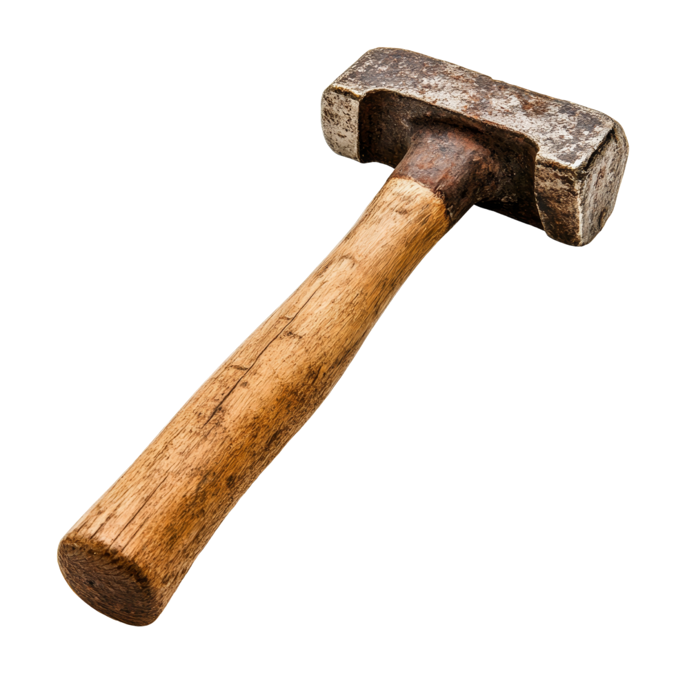 An old hammer with a wooden handle presented on a clean transparent background for inspection and evaluation, Old hammer isolated on transparent backgroundfile png