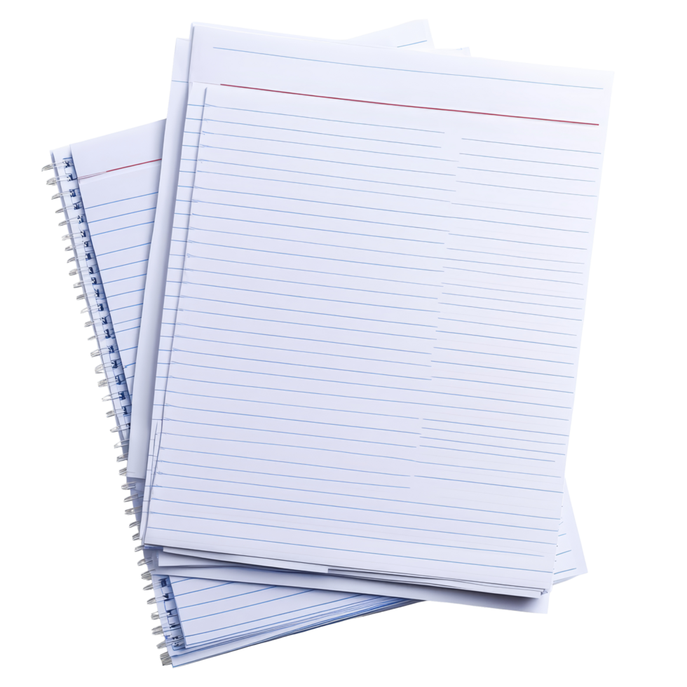 A stack of lined paper sheets on a transparent background ideal for writing notes, assignments, or creative ideas, lined paper sheets or notepad pages on transparent backgroundfile png