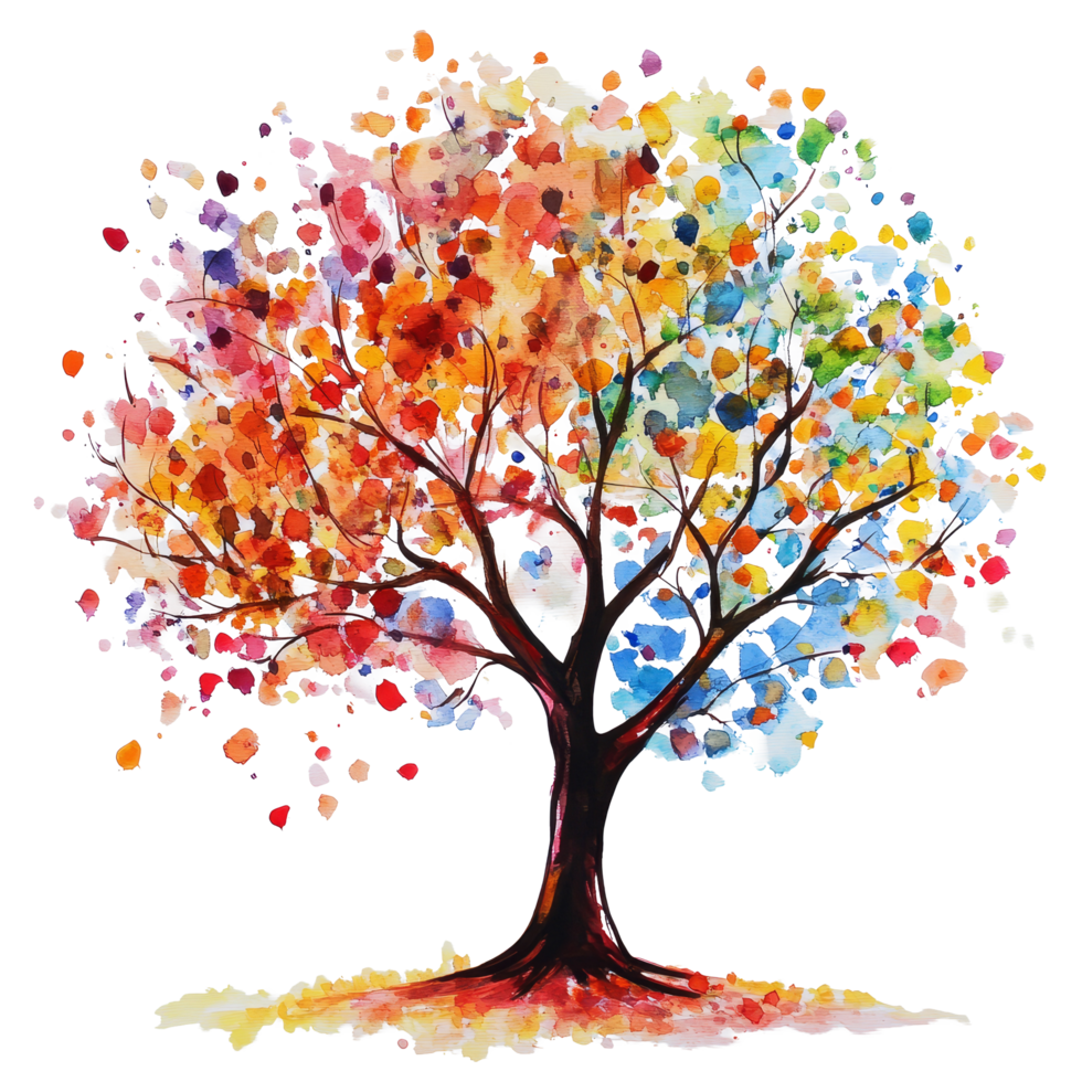Vibrant watercolor tree with colorful leaves on a clean transparent background celebrating natures beauty, bird house watercolor on transparent background png