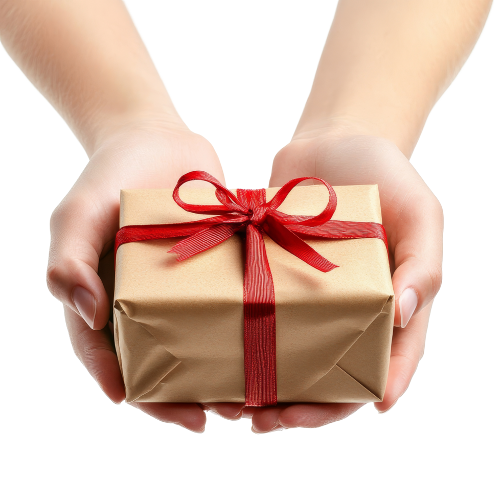 Hands presenting a wrapped gift with a red ribbon against a clean transparent background, Giving a gift on transparent background png
