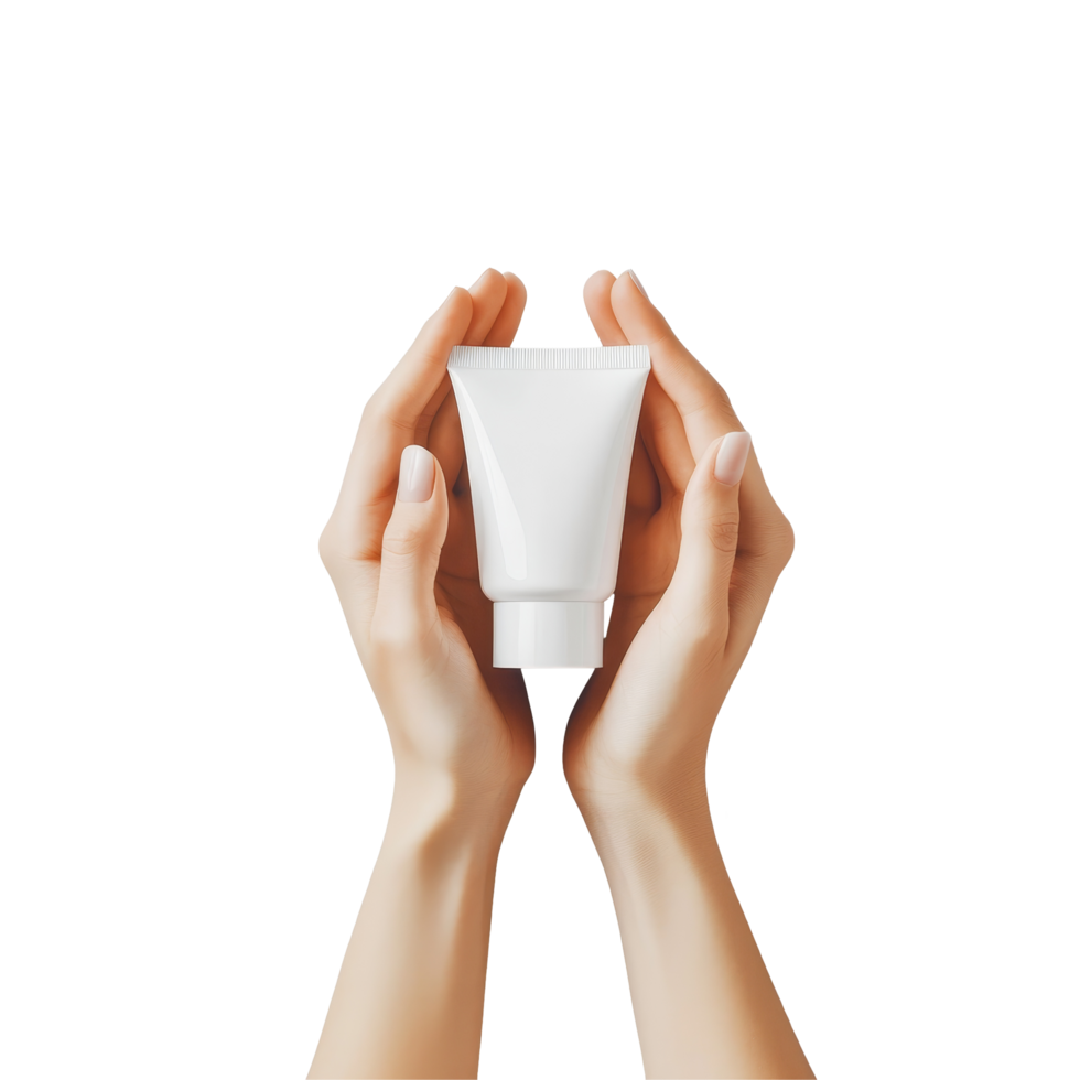 Hands holding a transparent cream bottle against a plain transparent background for skincare use, hands cream bottle on transparent background png