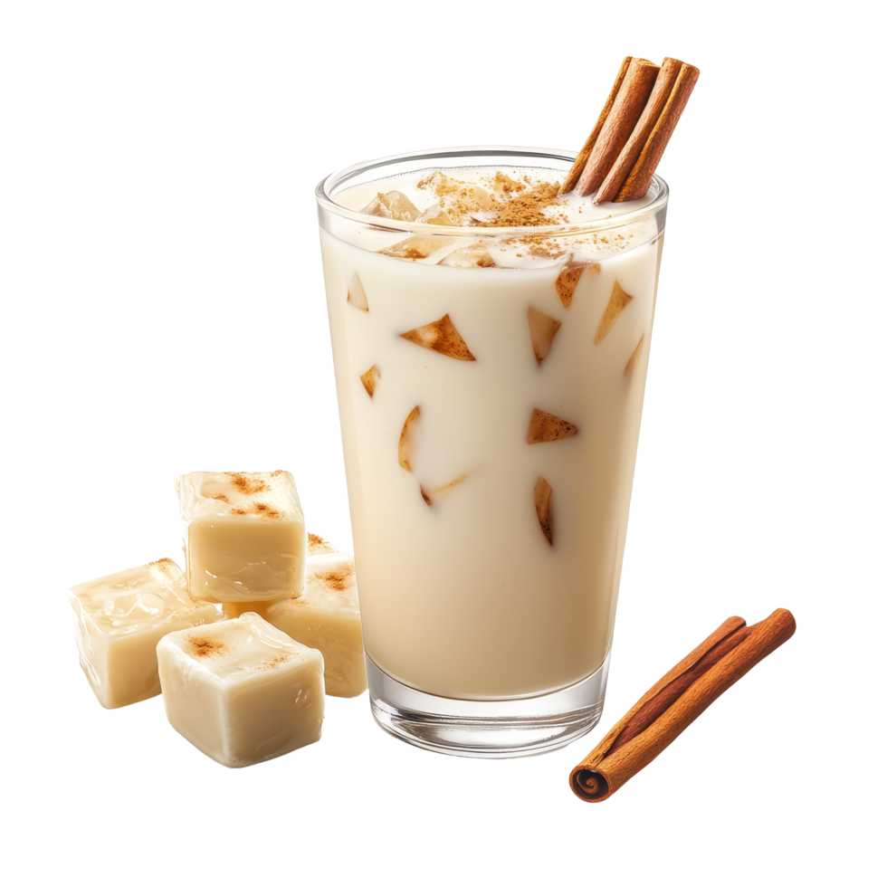 Delicious horchata drink with milk, vanilla, and cinnamon served with ice at a cozy cafa during a summer afternoon, horchata drink featuring milk vanilla and cinnamon isolated on transparent png