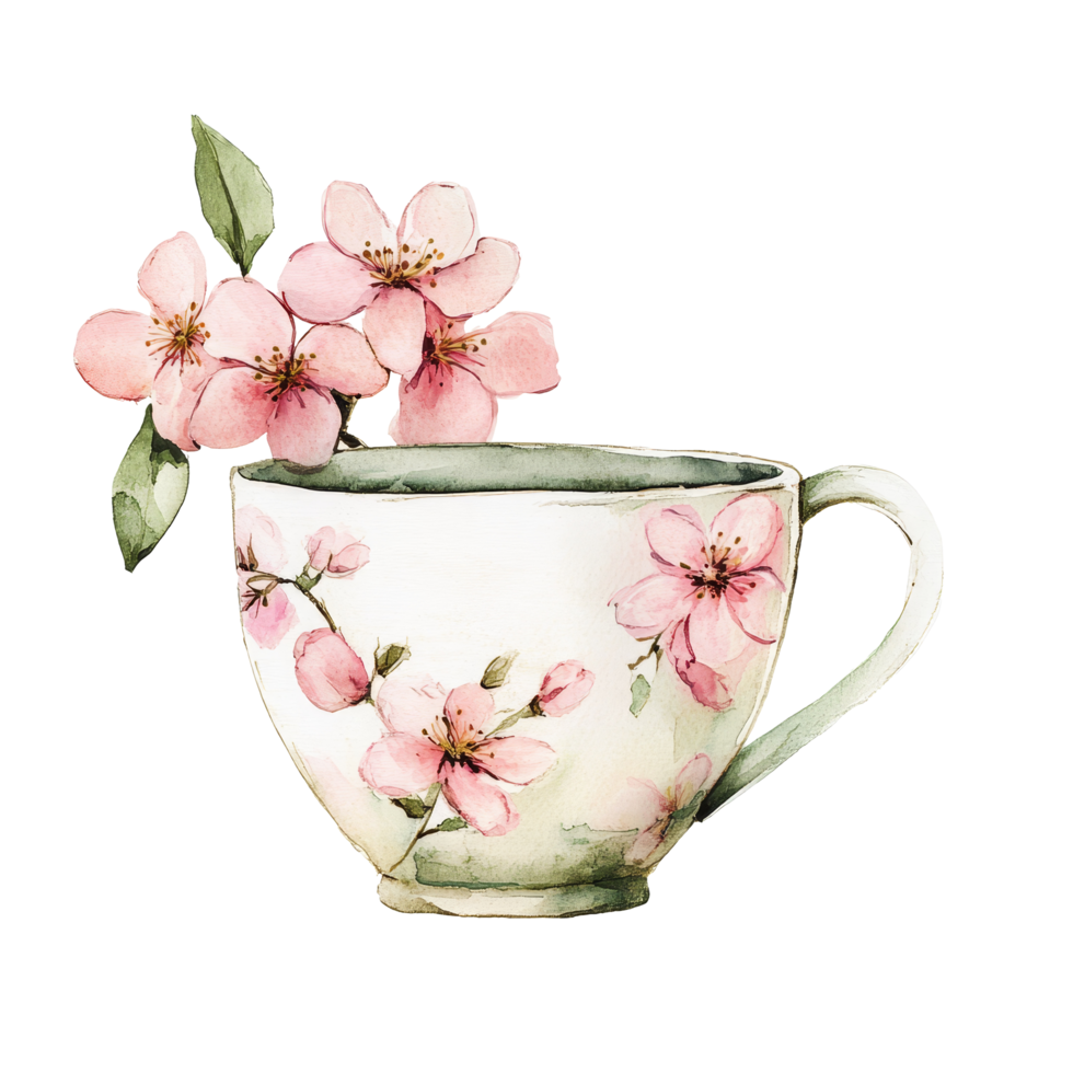 Delicate watercolor floral cup featuring cherry blossoms against a clean, transparent background for a serene aesthetic, floral cup isolated on transparent background png
