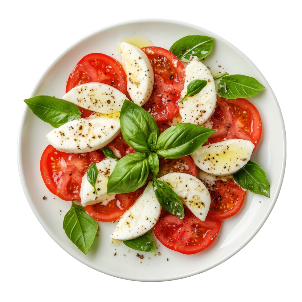 Fresh caprese salad with ripe tomatoes, mozzarella, and basil on a clean transparent plate against a bright backdrop, caprese salad on plate isolated on transparent background png