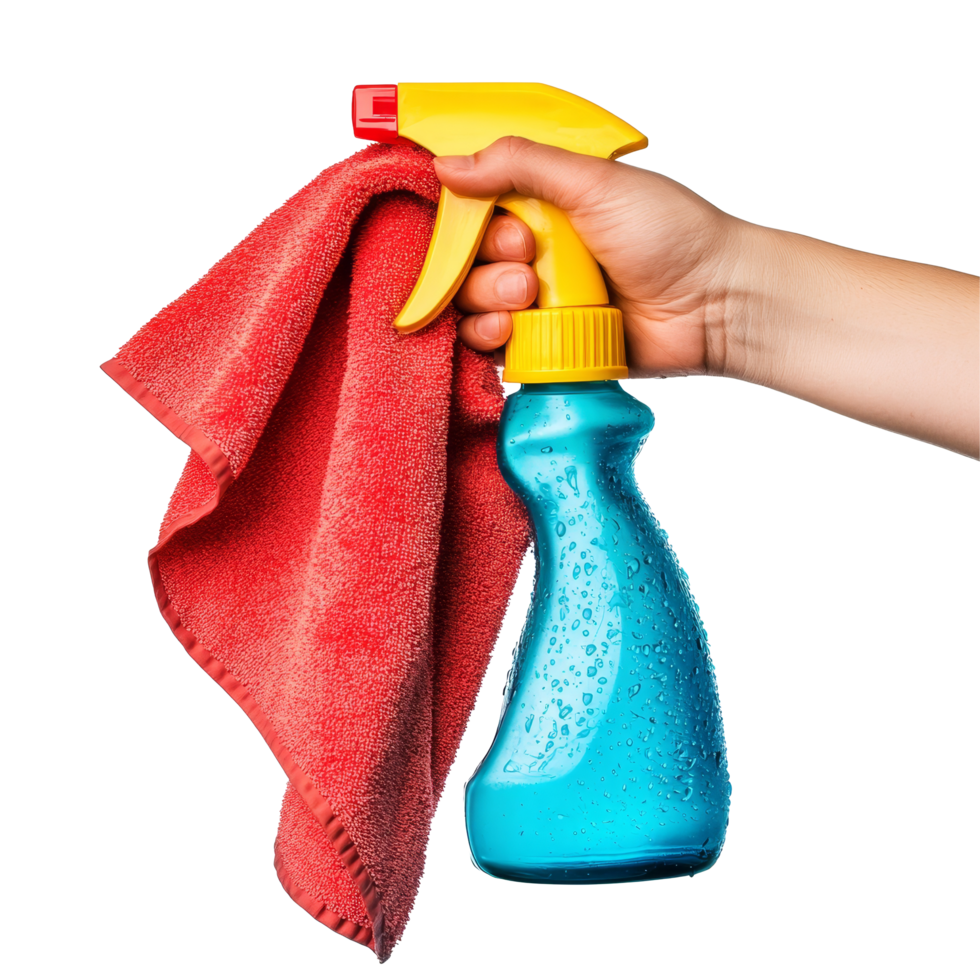 A hand holding a microfiber cloth and a spray bottle of cleaning solution in a home setting during, Hand holding fiber cloth and sprayer, detergent bottle for cleaning, isolated on transparent png