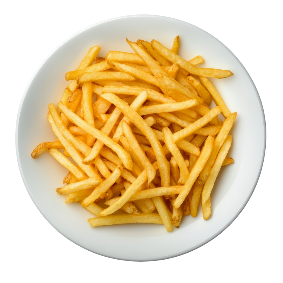 Golden French fries served on a transparent plate against a clean transparent background in a minimalist setting, French fries in transparent plate on transparent background png