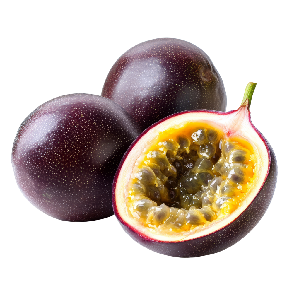 Fresh passion fruit cut in half with whole fruits on a transparent background showcasing vibrant colors and textures, Passion fruit isolated in transparent background format png