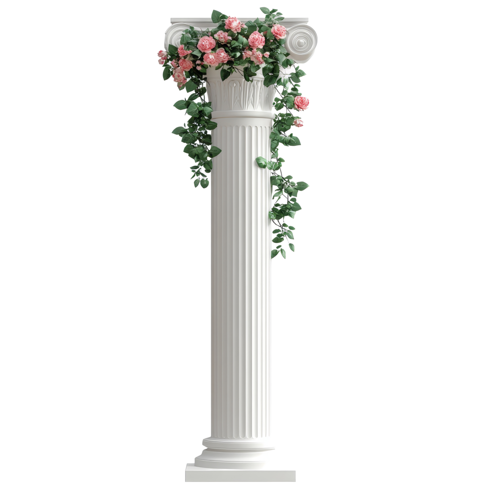 Elegant transparent Roman pillar adorned with a bouquet and greenery, perfect for adding charm, transparent roman pillar greek column with bouquet and climbing flower plant isolated on transparent png
