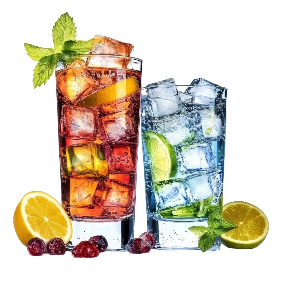 Refreshing iced drinks with vibrant fruits and ice cubes in clear glasses on a bright background, Glasses with Ice Cubes, Refreshing Drinks, Isolated on transparent background Background png