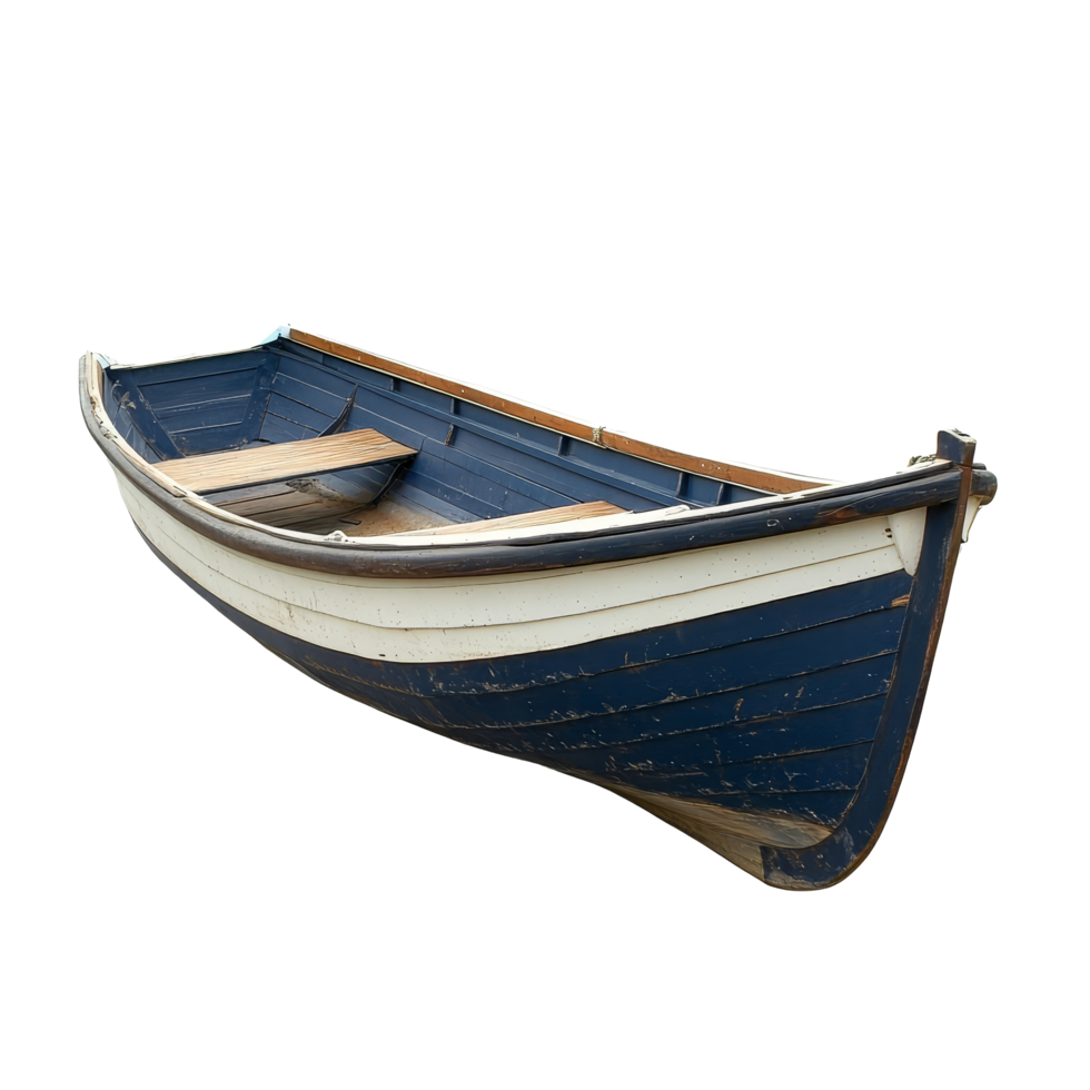 Small wooden boat rests on a transparent background, showcasing its rustic charm and simple design with no additional elements, Small boat isolated on transparent background png