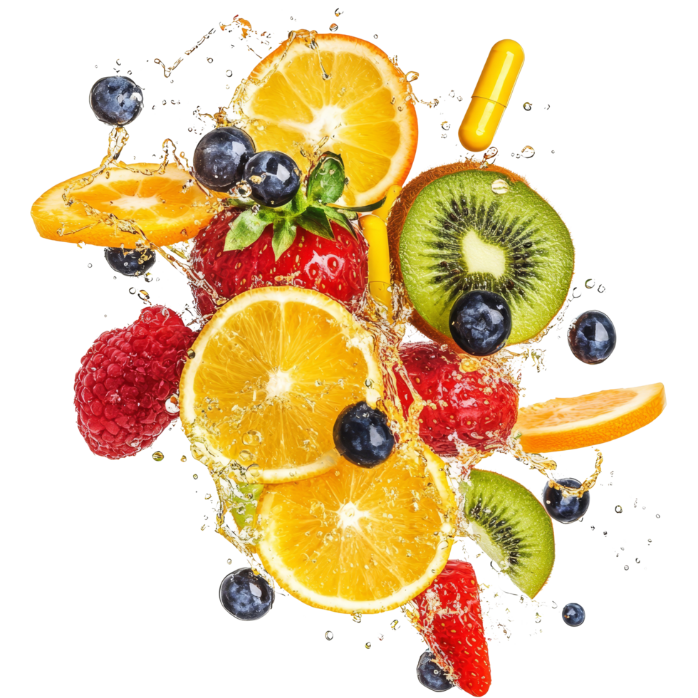 Colorful fruit splash with multivitamin capsule on transparent background, showcasing freshness and health benefits, multi vitamin fruit splash isolated on transparent background png