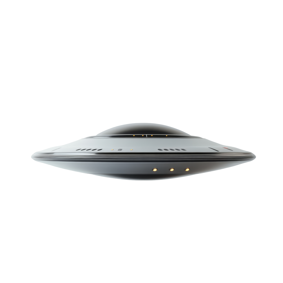A sleek UFO hovers silently against a transparent background, showcasing its futuristic design and features, UFO on transparent background png