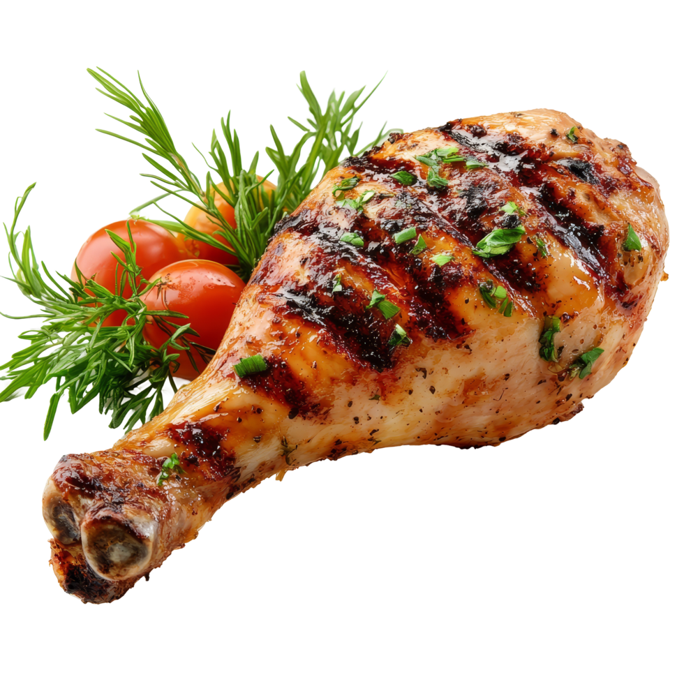 Juicy grilled chicken leg with fresh herbs and cherry tomatoes served on a transparent plate, Tasty grilled chicken leg on isolated background png