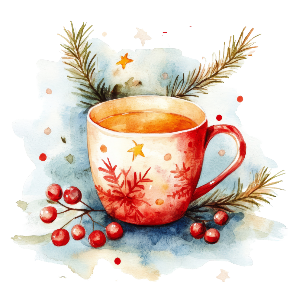 A cozy watercolor illustration of a Christmas cup adorned with festive decorations on a transparent background, Watercolor Christmas Cup Illustration on transparent background png