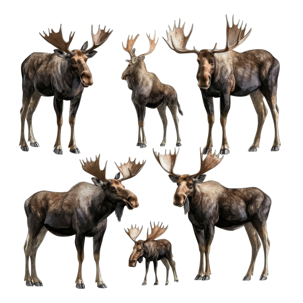 Majestic moose in various poses showcasing their impressive antlers and natural elegance in a serene environment, Set Majestic Moose, Wild Animals in Various Poses, Isolated on transparent background png