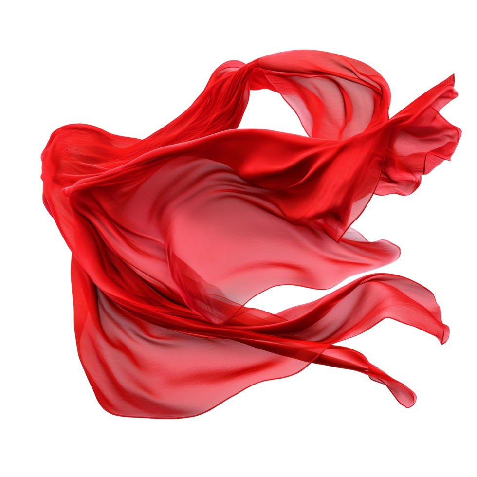 Elegant flowing red silk fabric against a stark transparent background, showcasing its smooth texture and vibrant color, Flying Red Silk on transparent background png