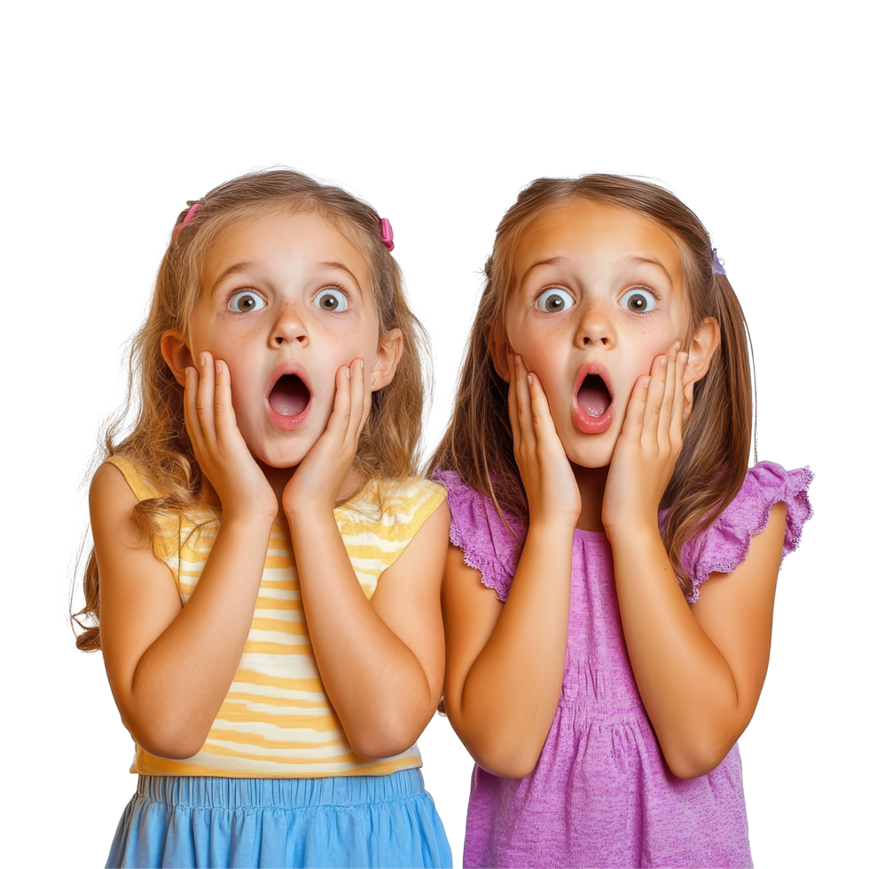 Two amazed young girls expressing surprise with hands on their cheeks in a joyful, isolated setting, two amazed kids girls friends, file of isolated object on transparent background png