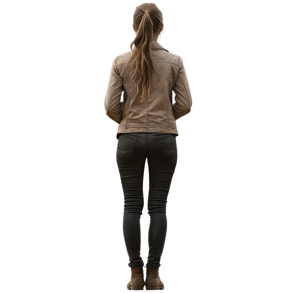 Young woman standing with back view in casual attire against a plain background, Young woman standing back view file no background png