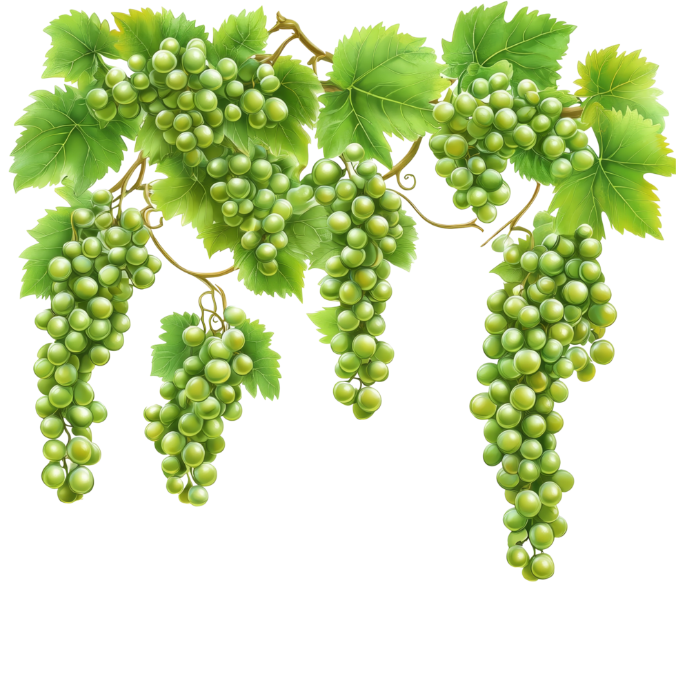 A branch of green grapes with lush leaves hanging gracefully against a bright transparent background, green grapes branch and leaves hanging top transparent background png