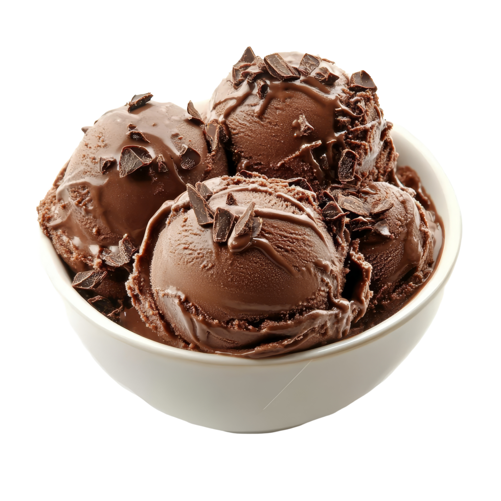Delicious chocolate ice cream in a bowl topped with chocolate shavings on a plain transparent background, Chocolate ice cream isolated on transparent background Stock Photo png