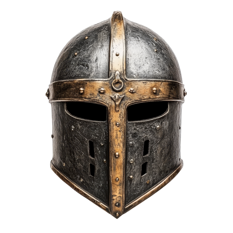 Unique medieval knight helmet displayed against a clean transparent background showcasing its intricate design and history, medieval knight helmet isolated on transparent background png