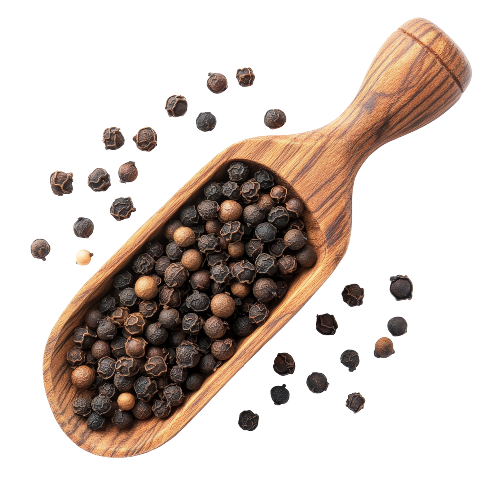 Black pepper in a wooden scoop displayed on a clean transparent background for culinary use, black pepper in wood scoop on transparent background png