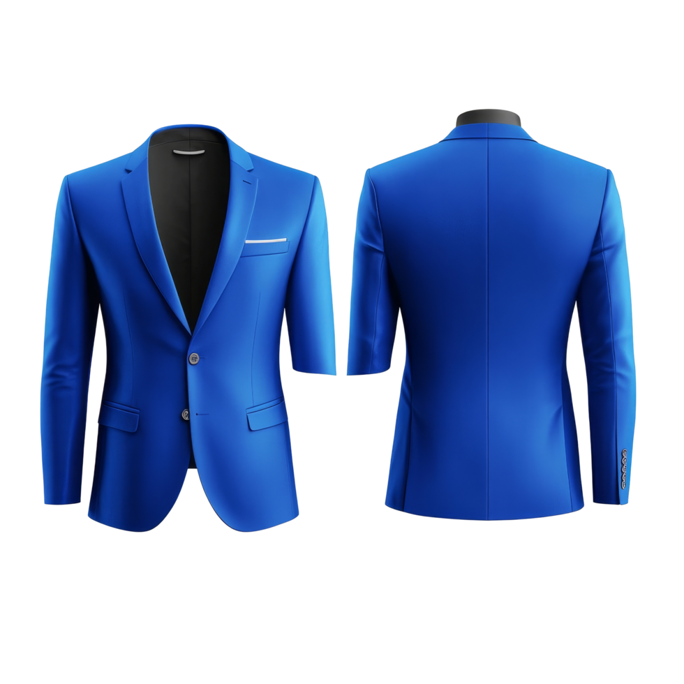 Elegant blue suit jacket mockup showing front and back views for fashion design and marketing purposes, Elegant Blue Suit Jacket Mockup from Front and Back Views on transparent background png
