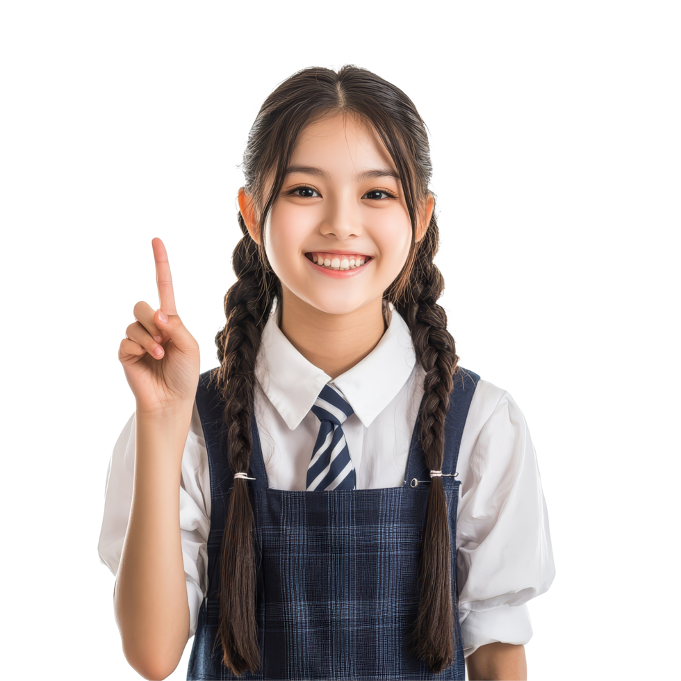 A happy Asian student girl wearing a school uniform shares an idea while standing against a transparent background, Happy pretty Asian student girl in school uniform isolated transparent background png