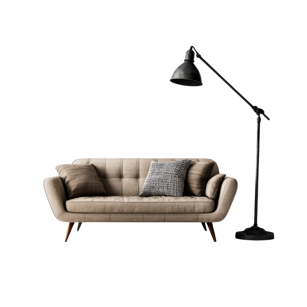 Elegant sofa with a cozy pillow and stylish floor lamp on a textured rug against a clean transparent backdrop, sofa with pillow rug and floor lamp isolated on transparent background png