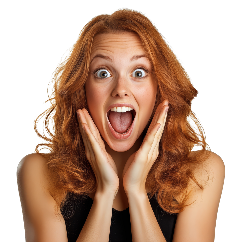 Surprised joyful young woman expressing happiness with wide eyes and open mouth, isolated on a transparent background, surprised joyful young woman, file of isolated object on transparent background png