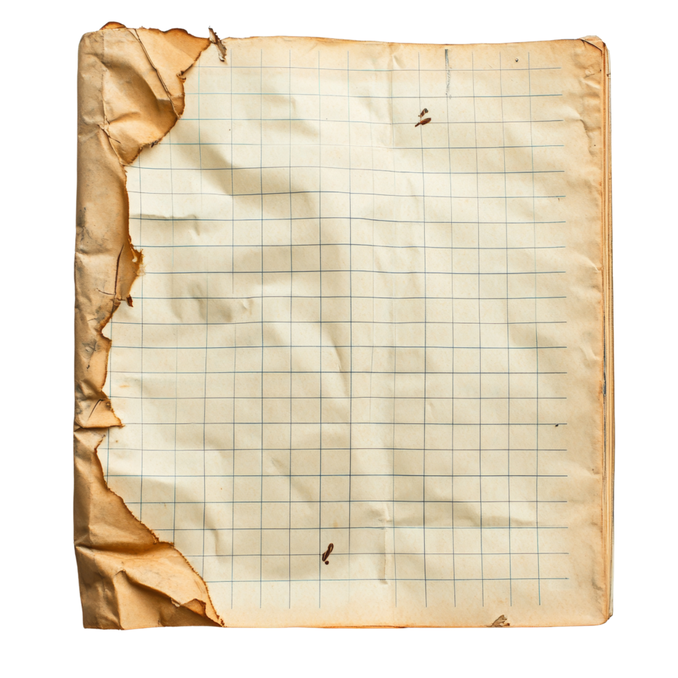 An old sheet of notebook paper with grid lines showcasing its worn edges and historic character, old a sheet of notebook paper with grid lines on transparent backgroundfile png