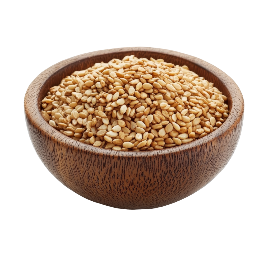 Natural sesame seeds in a wooden bowl on a clean transparent background showcasing rich texture and color, Sesame seeds in a woodenbowl isolated on transparent background png