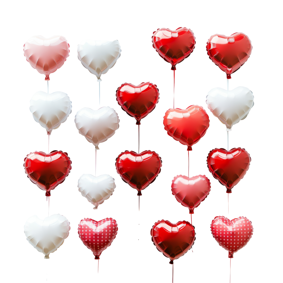 Colorful heartshaped balloons arranged in a playful pattern on a transparent background for celebration or decoration, Multiple heart balloons on transparent background png